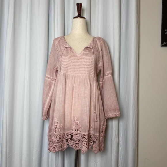 Soft Surroundings Tops - Soft Surroundings Smocked Lace Hem Peasant Blouse Pink Cotton Top Small